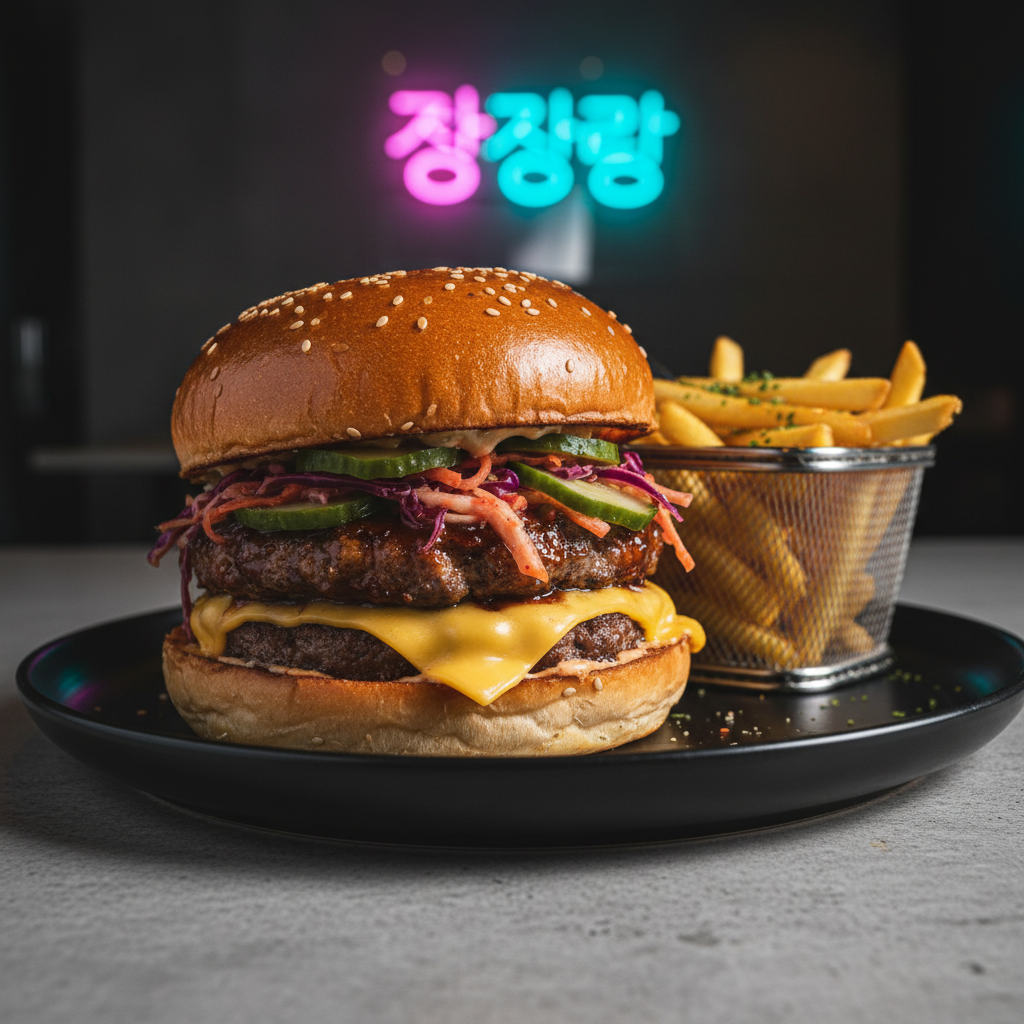A close-up, mouthwatering focus on a towering, double-patty Korean fusion burger resting on a matte black ceramic plate. The sesame brioche bun is toasted to a deep golden brown, its surface dotted with glistening seeds. Inside, crisp kimchi slaw spills out between juicy patties lacquered in sticky gochujang glaze, thinly sliced cucumber pickles, and a perfectly melted slice of cheddar sliding slightly over the edge. The plate sits on a light concrete tabletop with faint texture, beside a small stainless basket of thin, crunchy fries dusted with seaweed flakes. A neon-style, out-of-focus sign with Korean characters glows magenta and cyan in the background, casting colorful reflections. Shot at a low, three-quarter angle with shallow depth of field and dramatic side lighting, the mood is bold, playful, and ultra-modern, in high-contrast photographic realism.