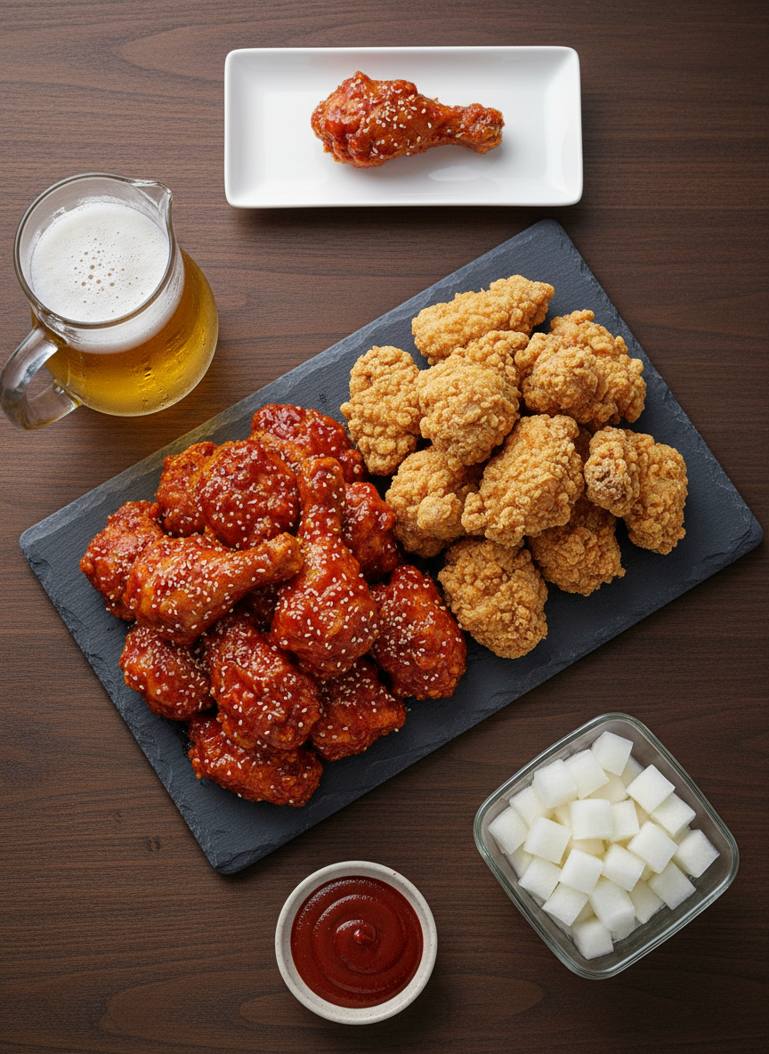 An overhead view of a perfectly curated Korean food blogger’s table spread: a central, oversized slate-gray platter stacked with crispy golden fried chicken coated half in sticky red yangnyeom sauce and half in crunchy plain batter, flanked by a frosty glass pitcher of pale golden beer beading with condensation. Surrounding dishes feature neatly arranged pickled radish cubes in a square glass bowl, a small ceramic dish of gochujang, and a minimalist white tasting plate with a single sauced drumette. The table surface is dark walnut, clean and slightly reflective. Soft, diffused studio lighting from above eliminates harsh shadows, highlighting the textures of the crispy skin and glossy sauce. The composition is symmetrical but playful, captured in sharp photographic realism with graphic, vibrant colors that scream late-night foodie indulgence.