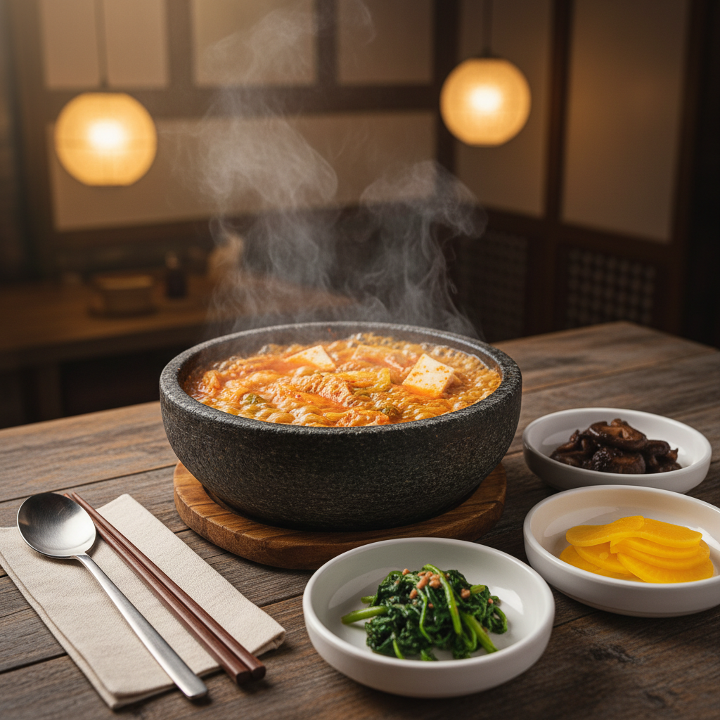 A steaming stone pot of bubbling kimchi jjigae takes center stage on a rustic wooden restaurant table, the vivid red-orange broth shimmering with pockets of oil and tender tofu cubes peeking through the surface. Around it, small white ceramic banchan dishes are artfully scattered: glossy green spinach namul, glistening soy-marinated mushrooms, and bright yellow pickled radish. A brushed metal spoon and chopsticks rest neatly on a folded linen napkin. Warm pendant lights above cast a cozy, amber glow, creating specular highlights on the metal and pottery while leaving the distant restaurant interior softly blurred. Captured from an eye-level angle with a moderate depth of field, the scene feels homely yet refined, a photographic, playful invitation to a long, lingering meal where the aroma is almost visible in the air.