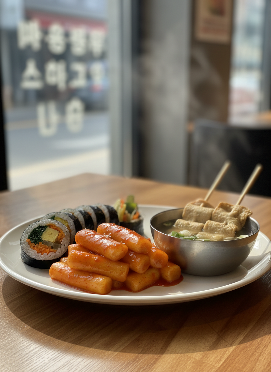 A glossy white ceramic dessert plate holds a perfectly arranged trio of Korean street food favorites: golden, glistening tteokbokki rice cakes in a rich red chili sauce, a neatly sliced gimbap roll showing colorful cross-sections of vegetables and egg, and two skewered fish cakes resting in a small stainless steel bowl of steaming broth. The plate sits on a warm wooden table in a cozy, modern eatery interior with blurred signage in Hangul in the background. Soft afternoon window light creates gentle reflections on the sauces and ceramics, with subtle shadows giving depth. Shot at a slightly elevated three-quarter angle with a shallow depth of field, the mood is playful yet mouthwatering, in vibrant, photographic realism that makes the viewer feel an instant pang of hunger.