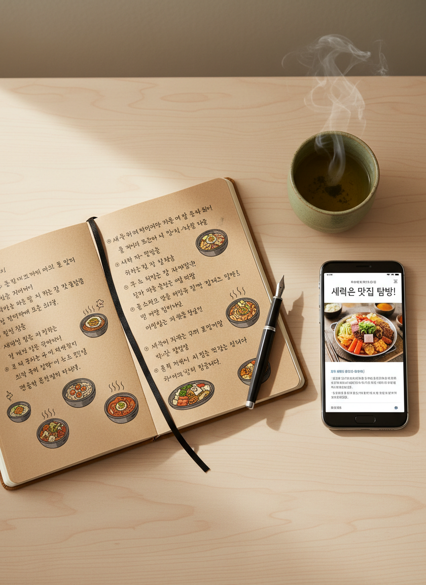 A neatly organized foodie notebook scene on a pale birch desk: an open kraft-covered journal filled with handwritten Korean restaurant notes and tiny doodles of dishes, a slim black fountain pen resting diagonally across the page. Beside it, a smartphone displays a crisp blog layout featuring a vibrant dish photo and bold Hangul title for a new restaurant review. A small ceramic cup of green tea sits nearby, steam barely visible against the soft, neutral background. Diffused daylight from the left creates a gentle gradient of light across the desk, with subtle shadows adding dimension but no harsh contrast. Captured from a directly overhead, flat-lay perspective with sharp focus and a minimalist, photographic style, the mood is calm, playful, and thoughtfully organized—perfectly embodying the planning behind a food adventure.